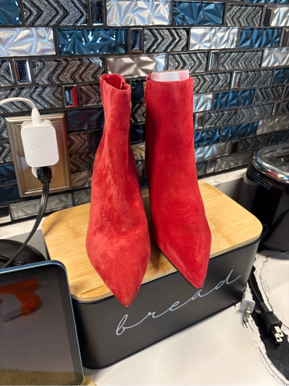 Nine West Red Suede Pointed Toe Ankle Booties with Side Zip